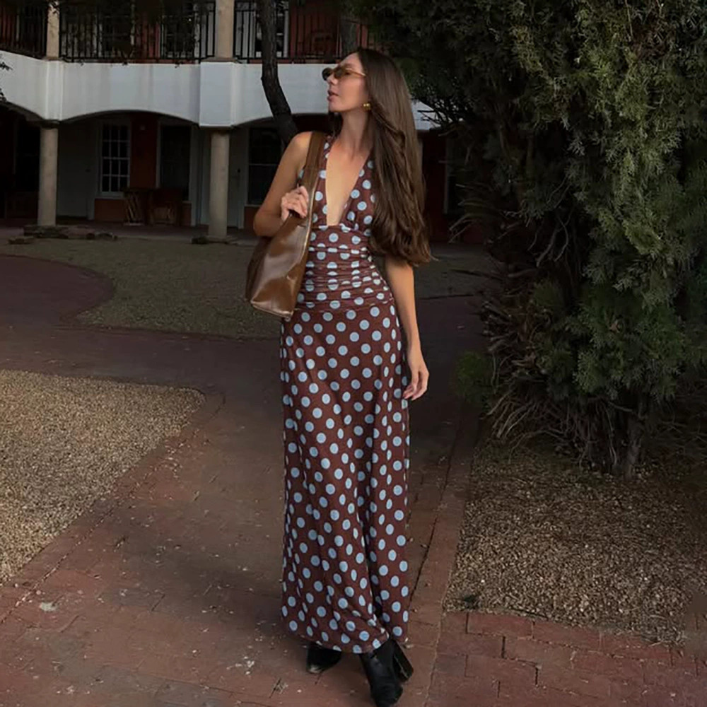 ZARA Polka Dot Halter Tie Backless Ruched Flowy Maxi Dress